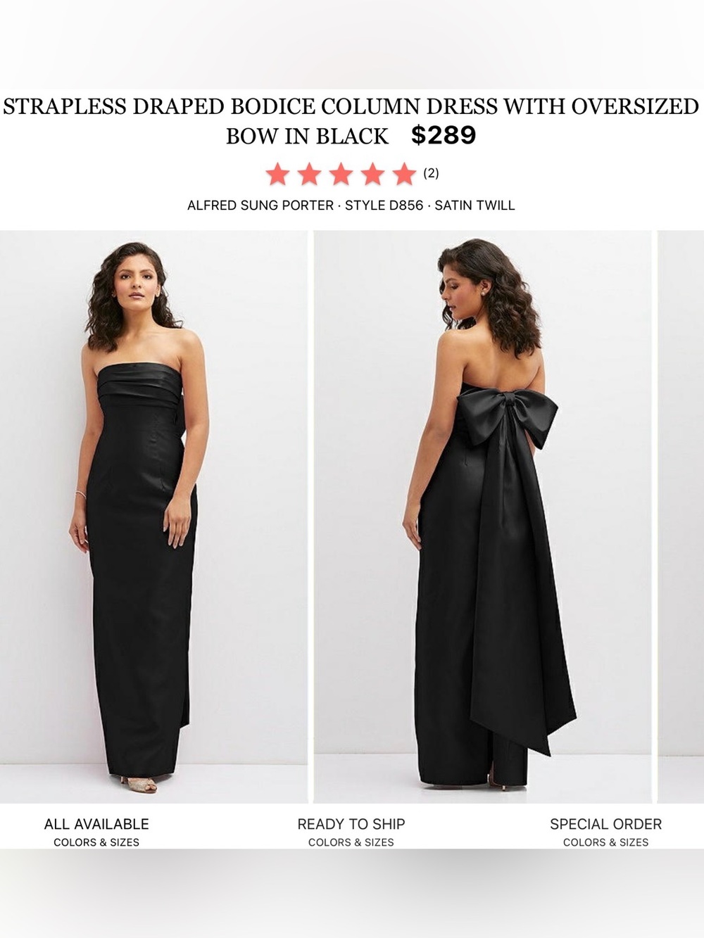 ALFRED SUNG Strapless Black Column Gown with Oversized Back Bow